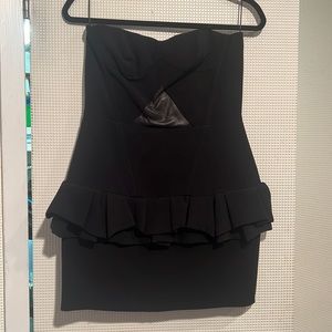 Maje Black Mini Strapless Dress with Leather Triangle & Peplum Detail, Size 38